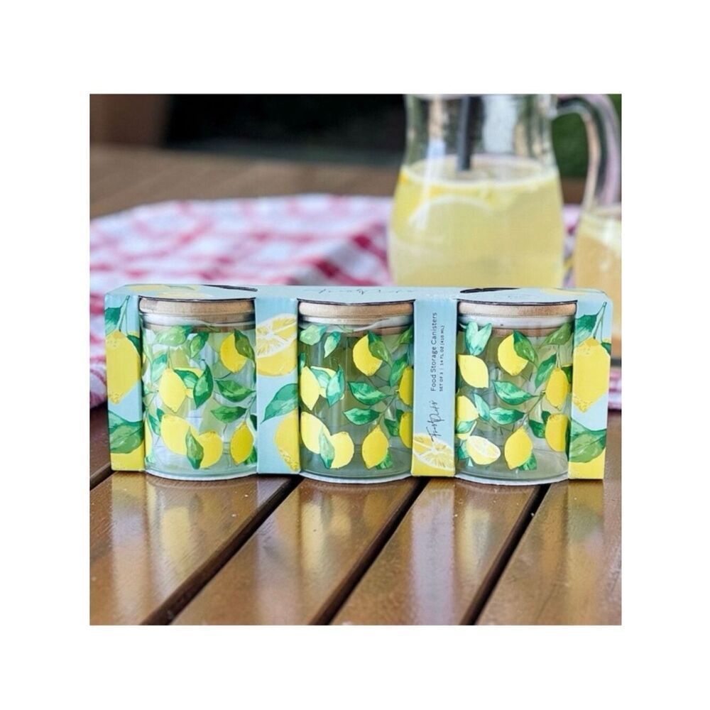 NWT Fresh Picks 3 Pack Lemon Glass Food Storage Container Canister w/ Bamboo Lid